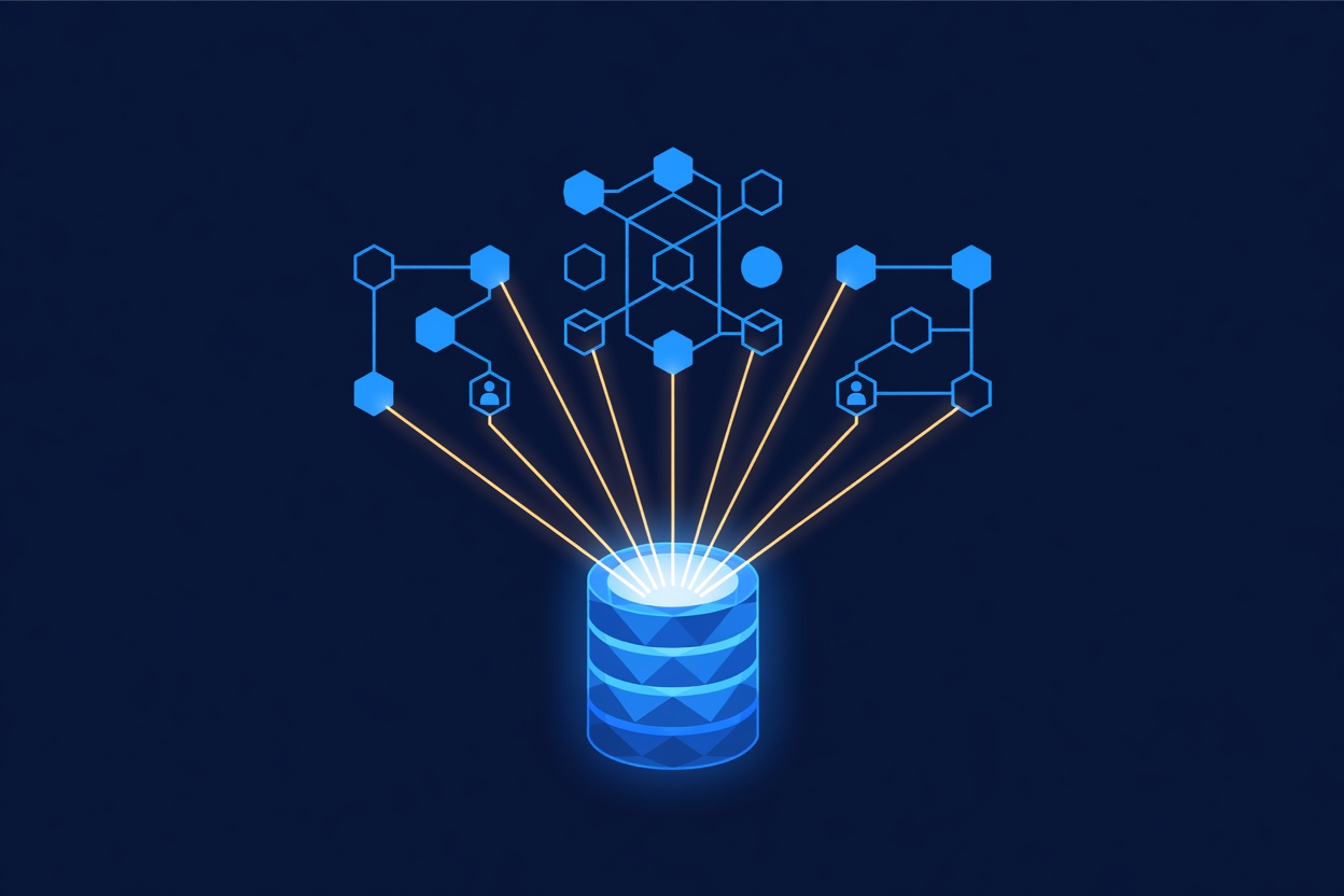 Minimal 3D illustration of a glowing database cylinder with persistent light beams connecting to a LangGraph workflow diagram floating above it