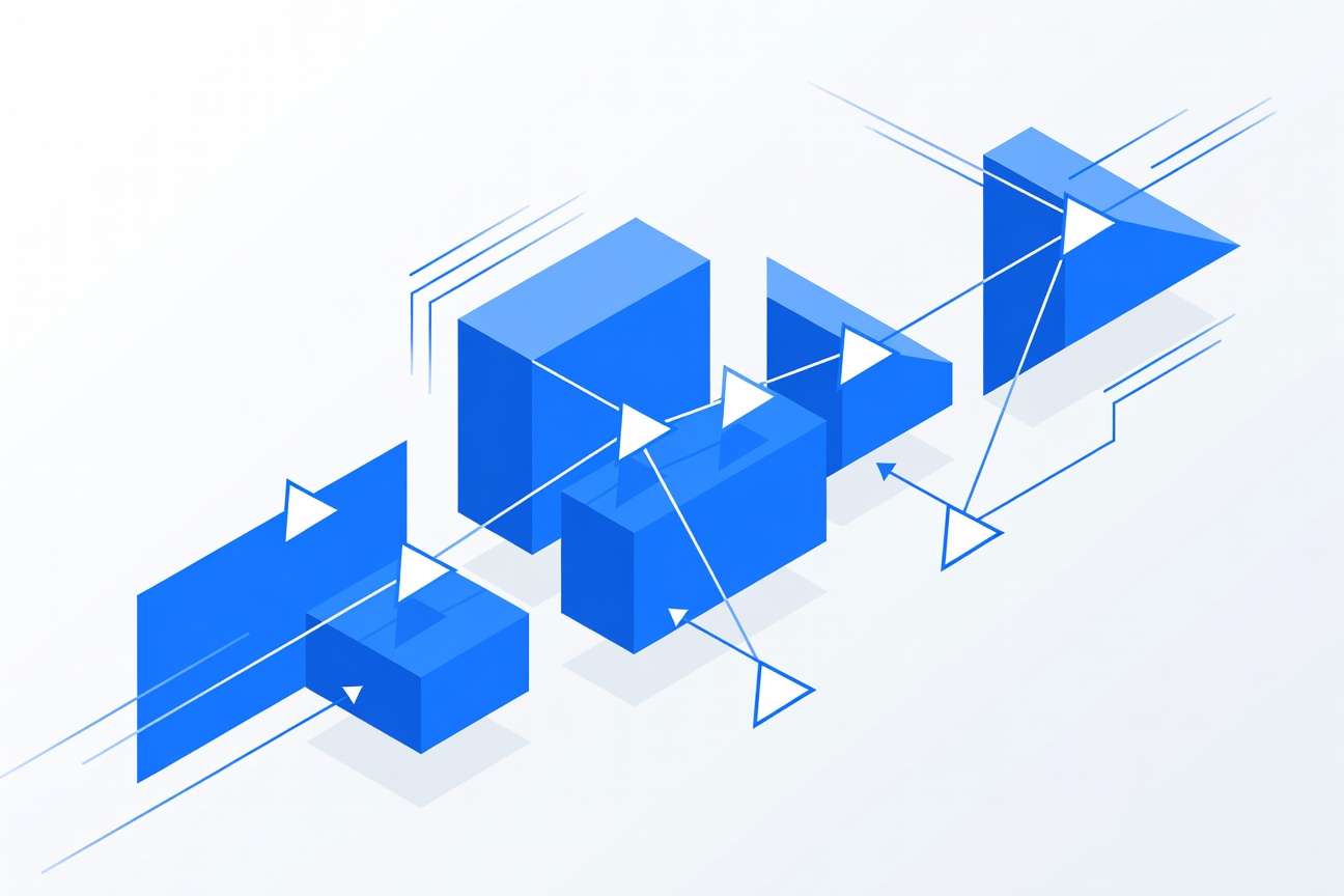 Abstract flat illustration of a compact robot arm precisely clicking a glowing browser window, with terminal output scrolling in the background