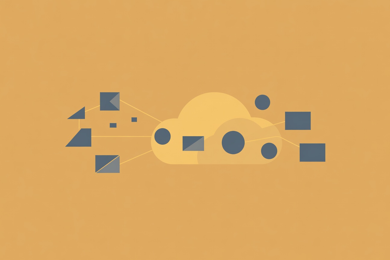 Abstract flat illustration of a planning document floating above a cloud with a checkmark, connected by a dashed line to a developer workstation below