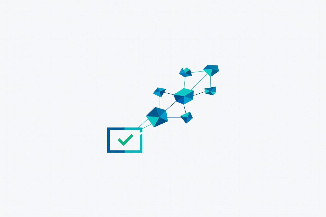 Abstract flat illustration of a YAML configuration card launching a series of agent nodes automatically, with a green checkmark at the first node