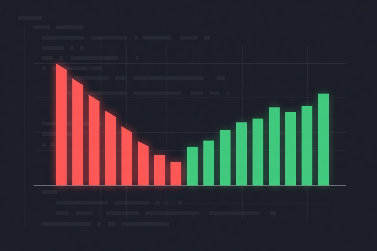Abstract flat illustration of a bar chart with morning bars glowing red draining fast, and evening bars green and stable, against a dark developer terminal background