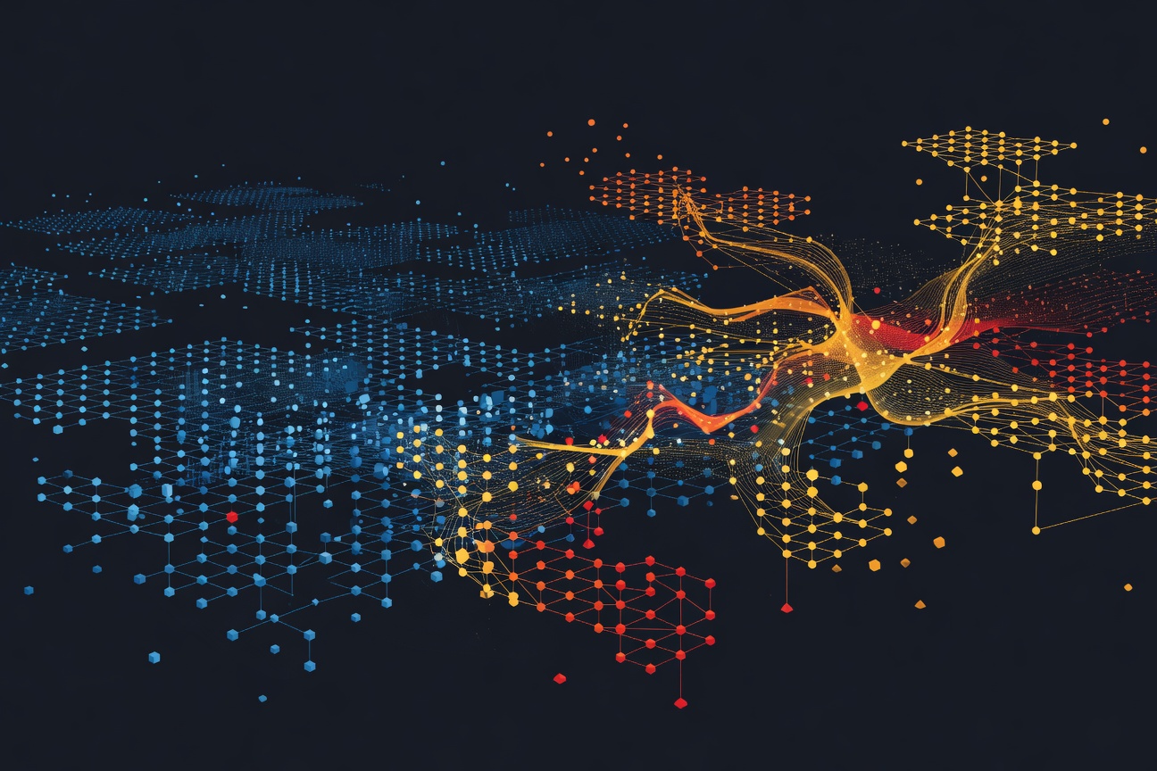 Abstract visualization of thousands of network nodes and connection lines forming a shifting pattern from passive to active states