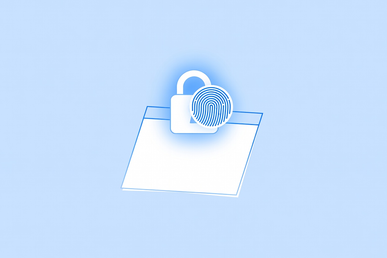 A glowing padlock floating above an abstract browser window, with a fingerprint scan circle overlaid, all in deep navy and gold tones