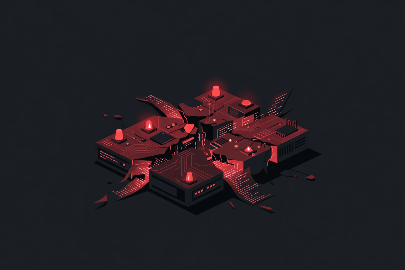 A cracked server rack with glowing red warning signals emanating from exposed command-line terminals
