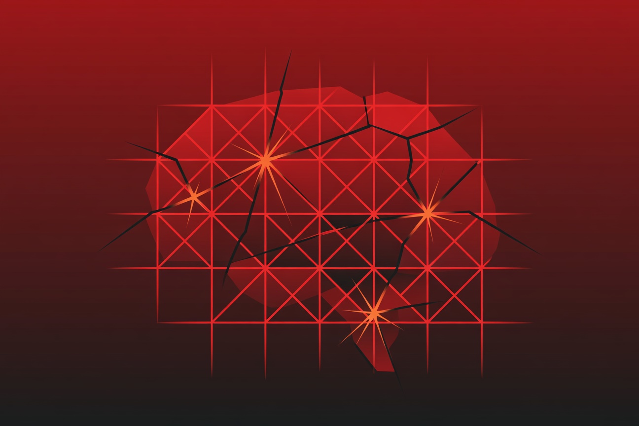 An abstract red neural network grid with cracks spreading through it, glowing orange at the fracture points, suggesting systemic digital vulnerability