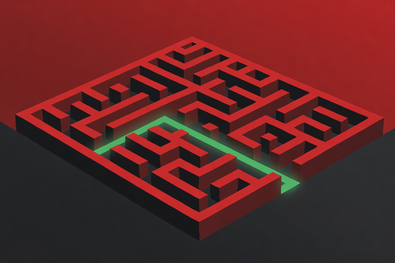 A maze with many dead-end paths illuminated in red and only one glowing path in green leading to the exit, representing the high failure rate of enterprise AI projects