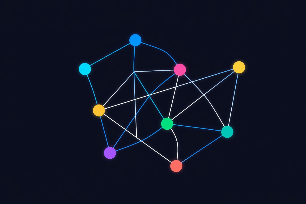 Seven interconnected geometric nodes in different colors forming a network on a dark background