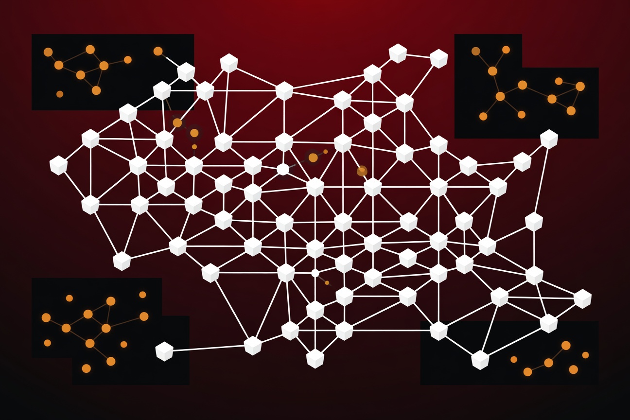 An abstract network diagram showing many small glowing nodes with a few hidden in shadow, representing undiscovered AI agents in enterprise infrastructure