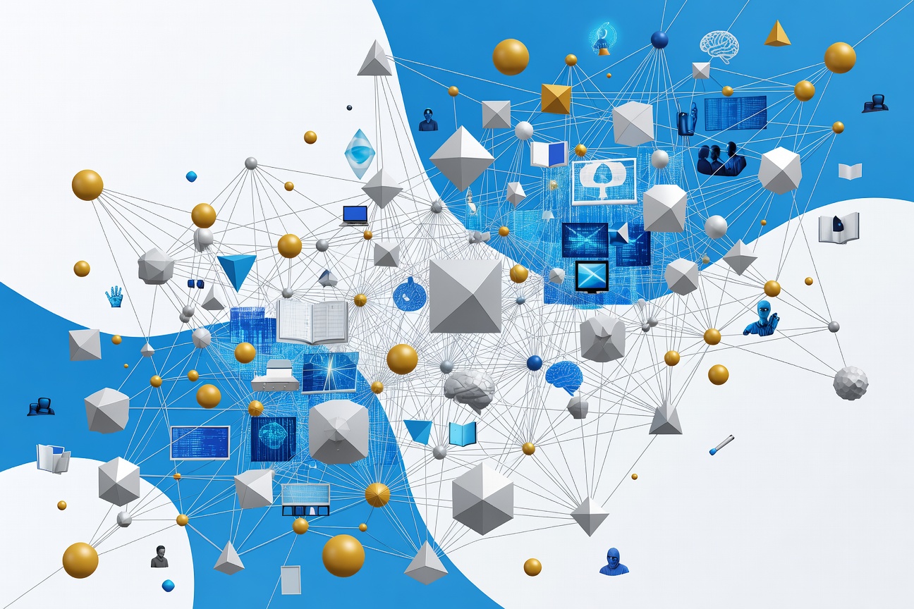 Abstract interconnected mesh of floating geometric shapes in silver and gold, representing a universal communication protocol between distributed agents