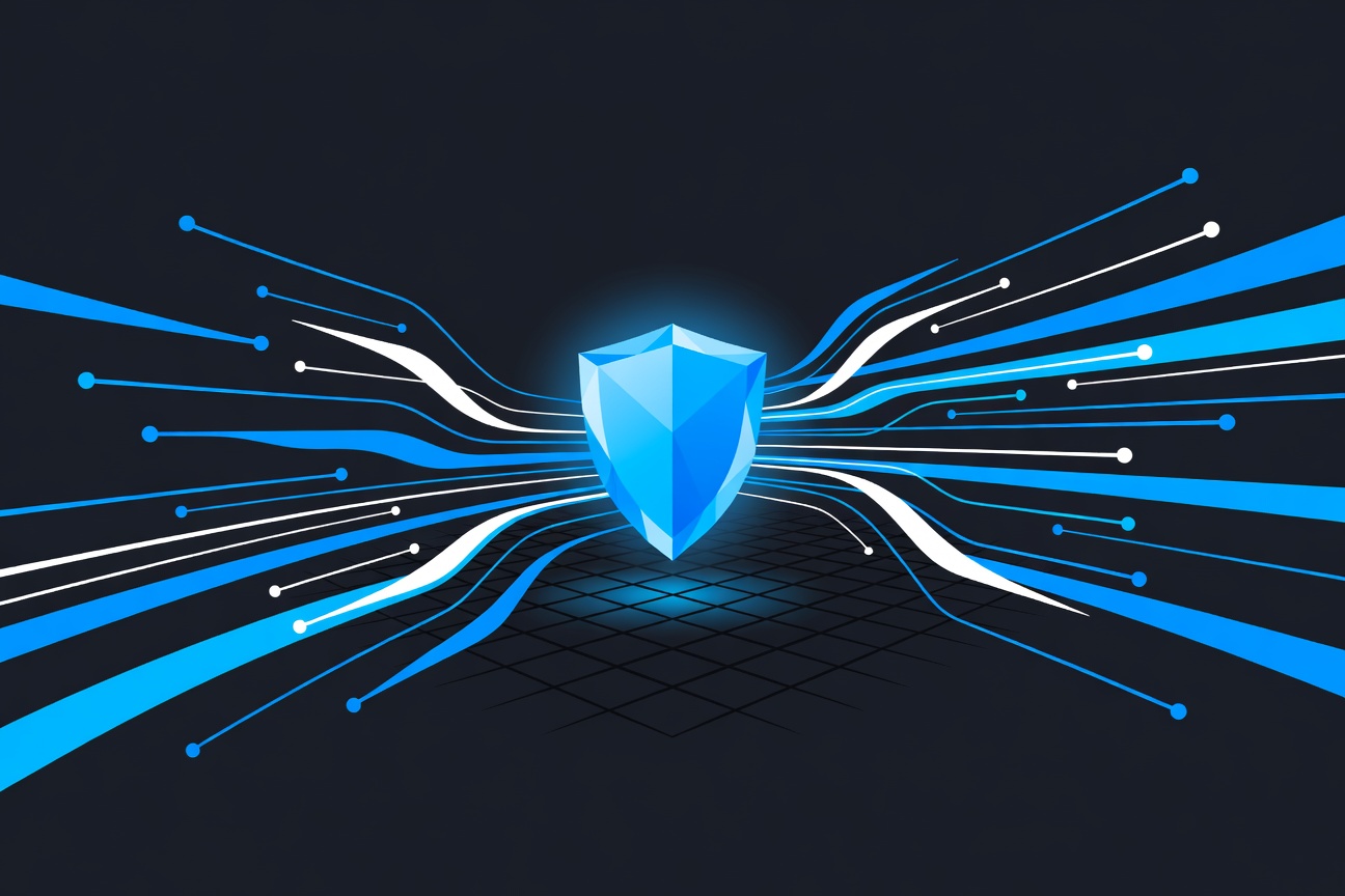 A glowing blue shield hovering above a dark network grid, surrounded by flowing abstract data streams