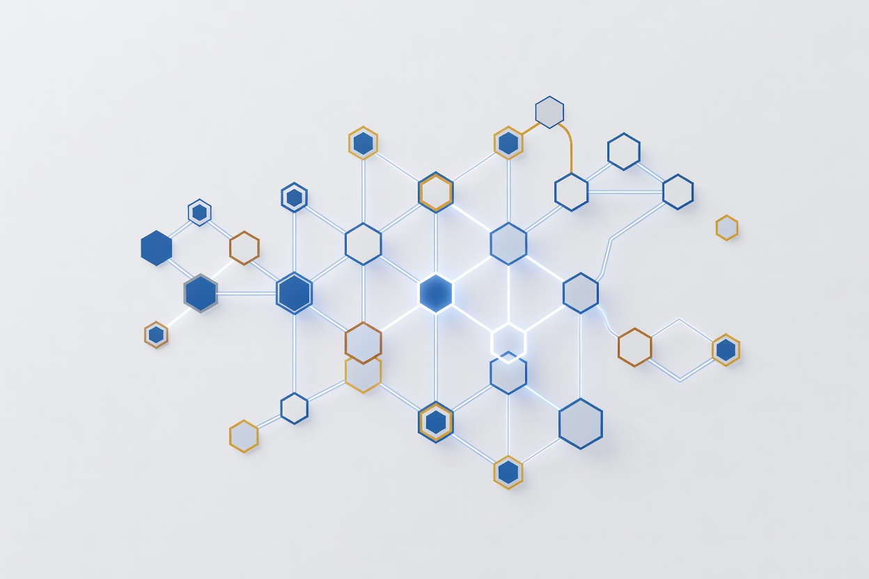 Abstract network of interconnected geometric nodes representing mid-market companies linked by glowing agentic AI pathways