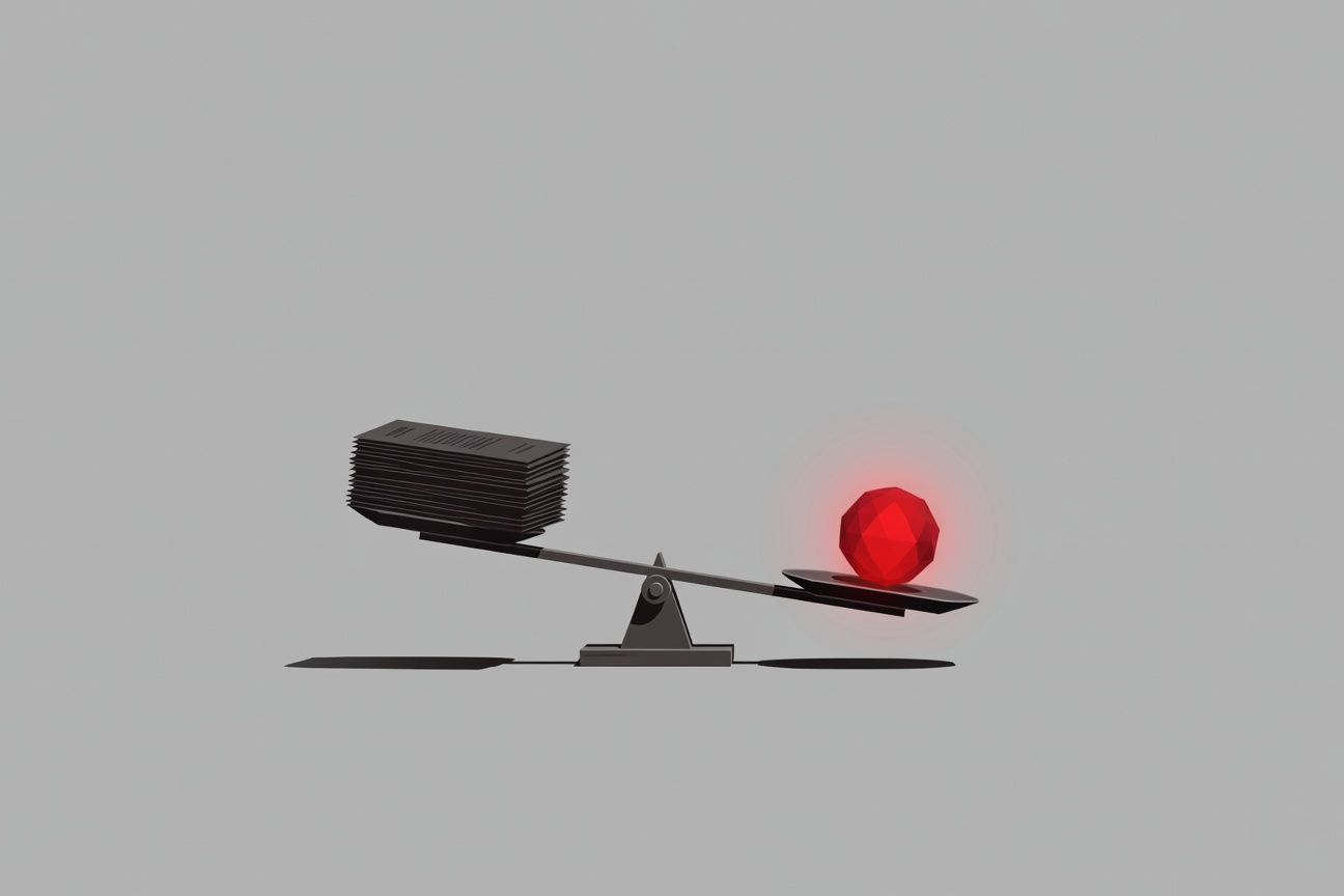 Abstract flat illustration of a scale with a glowing AI brain on one side and a small human silhouette on the other, tilted heavily toward the AI side