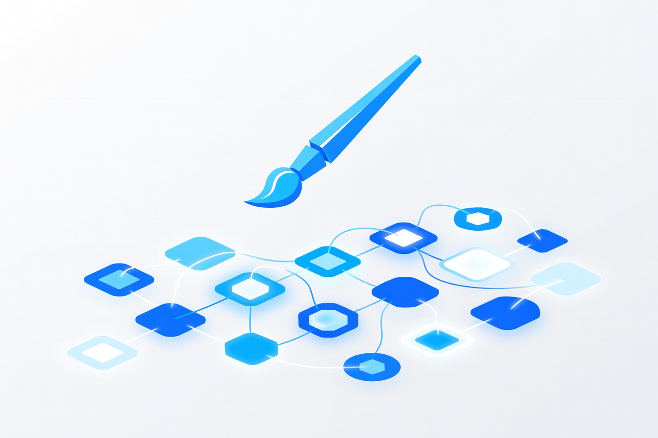 A geometric paintbrush hovering over a mosaic of floating application windows, each glowing with distinct color palettes, connected by luminous threads