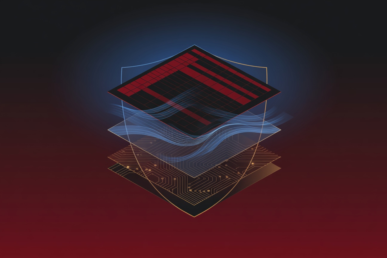 A three-layered shield with circuit board patterns protecting interconnected AI agent nodes in a dark enterprise environment