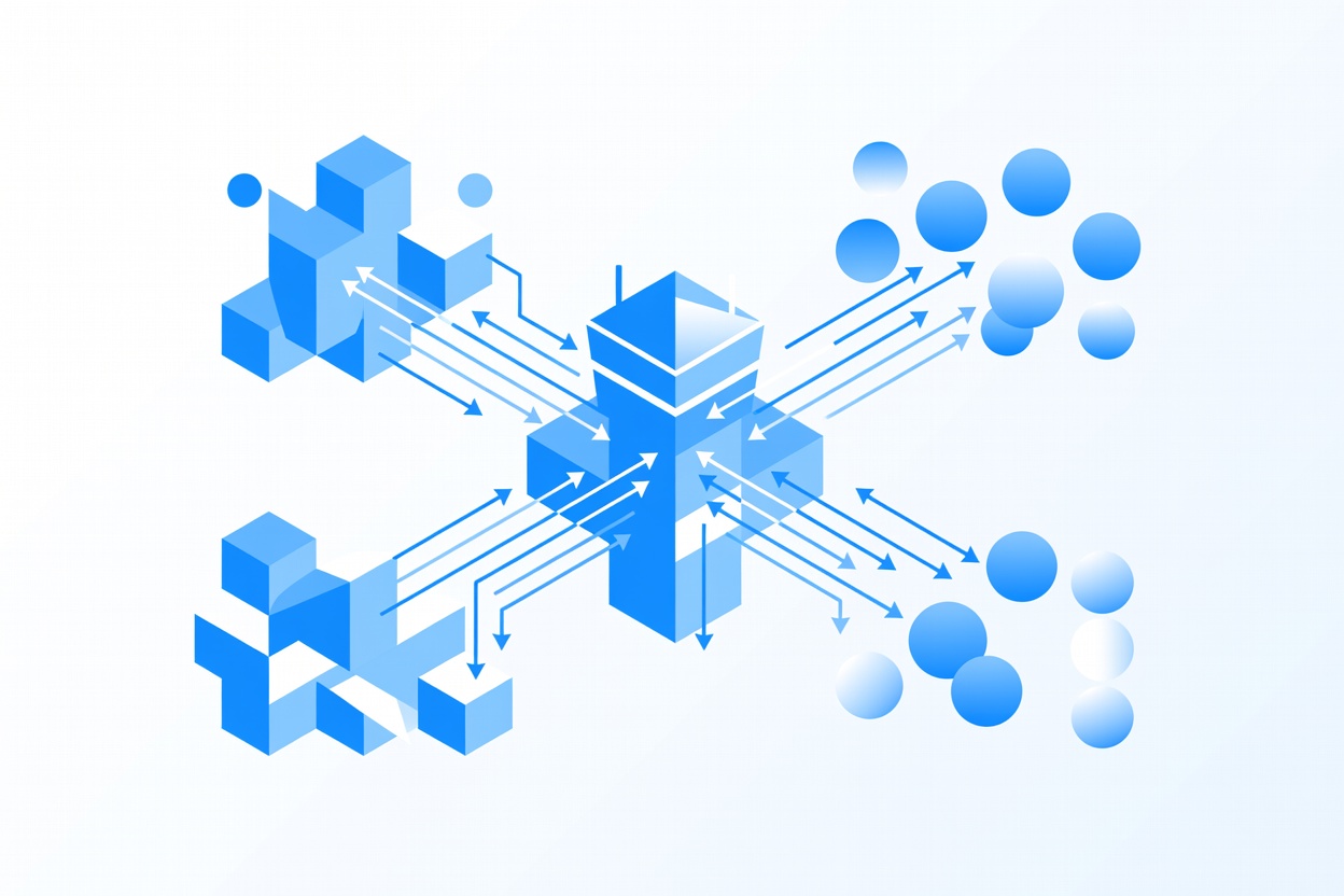 Abstract architectural diagram of interconnected geometric shapes with a central glowing gateway node routing arrows between enterprise towers and AI orbs