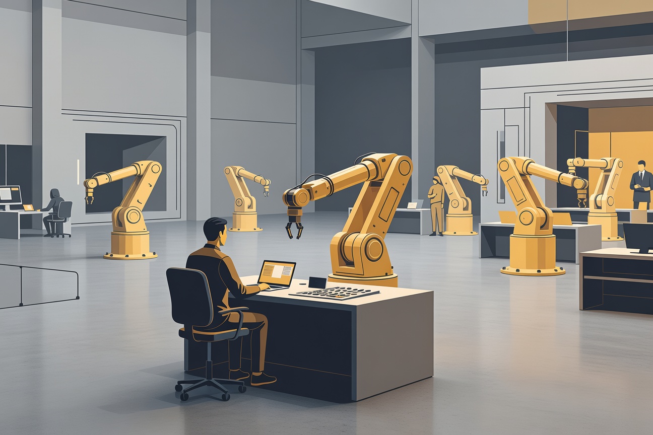 A single robot arm on a factory floor, supervised by a human operator at a control console, surrounded by idle multi-arm stations