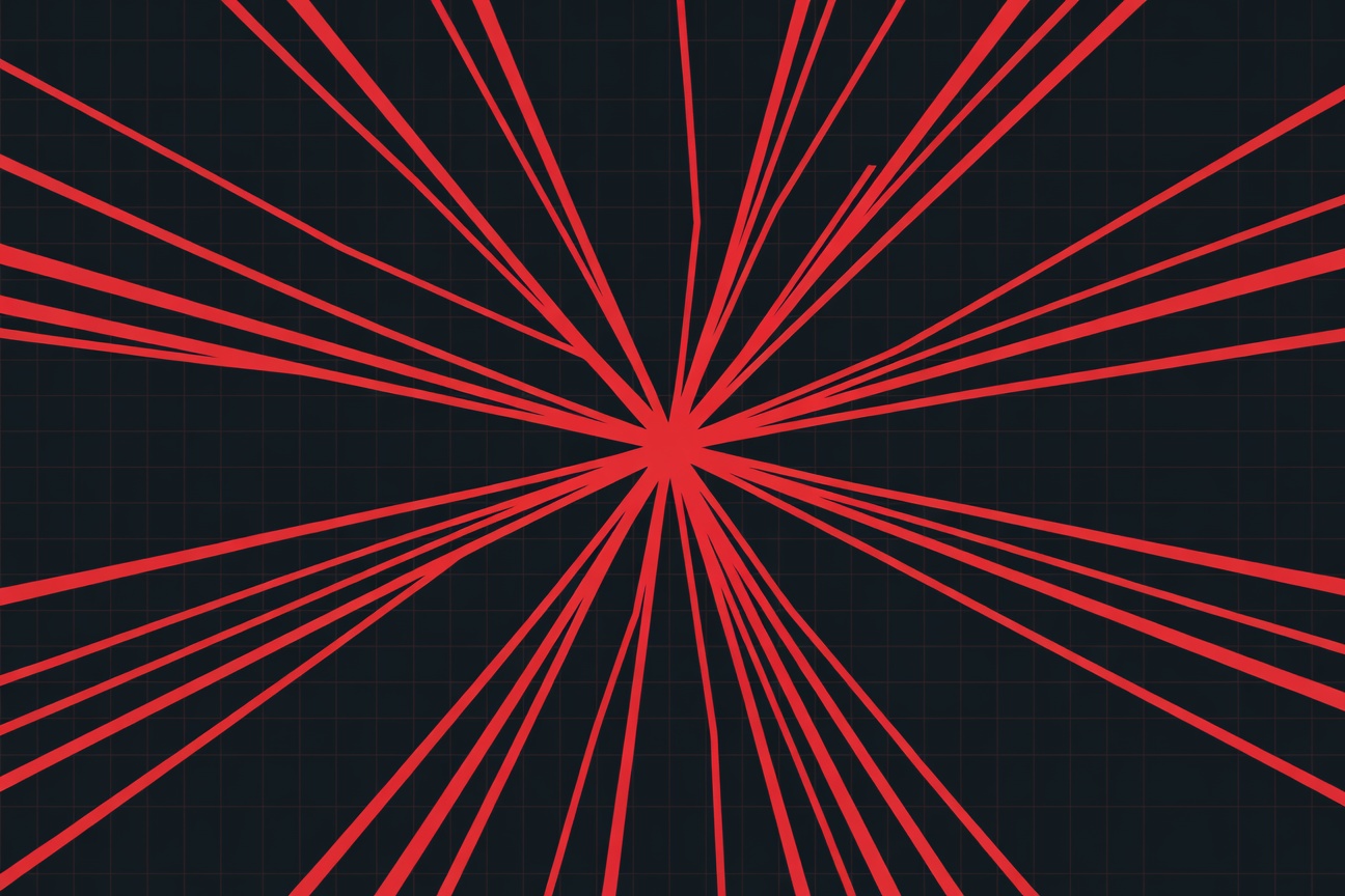 A dark web of converging red data streams forming an autonomous spider-like attack pattern against a dark grid background