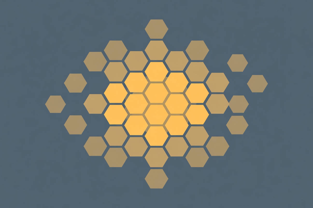 An abstract mosaic of hexagonal tiles in different colors connecting to form a unified network pattern on a dark background