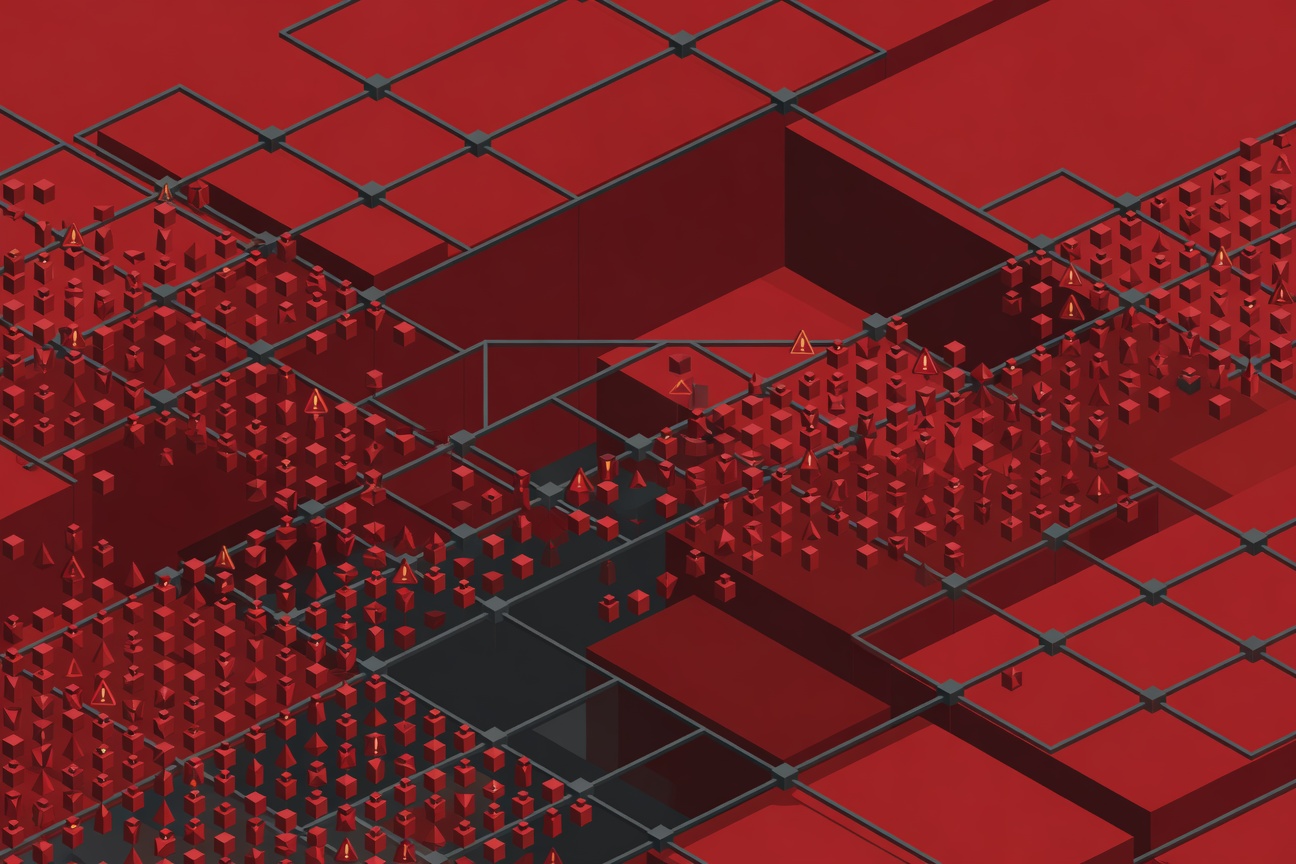 Abstract illustration of hundreds of small geometric agents spreading across a corporate grid, some marked with warning triangles