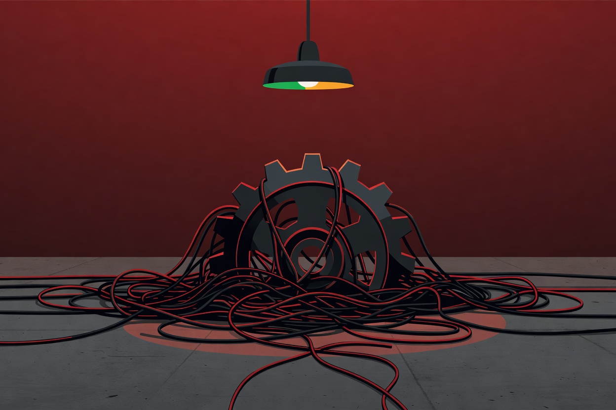 A gear half-submerged in tangled data cables on a factory floor, a green production light above it flickering amber, symbolizing stalled industrial AI progress