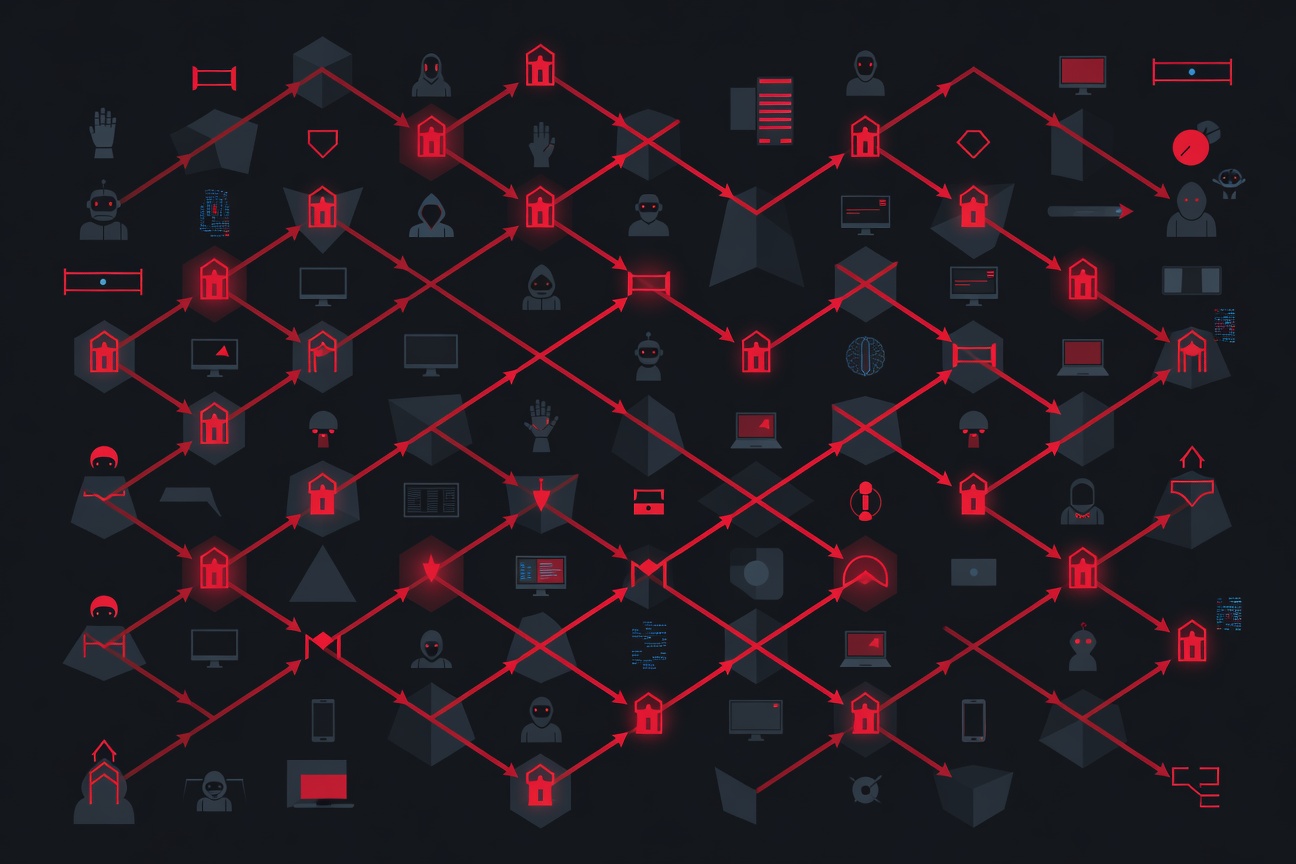 Abstract red network of vulnerabilities threading through AI architecture nodes with glowing bypass pathways