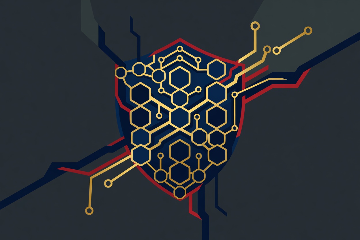 Abstract geometric shield pattern with interlocking nodes and data pathways in a dark blue and gold palette
