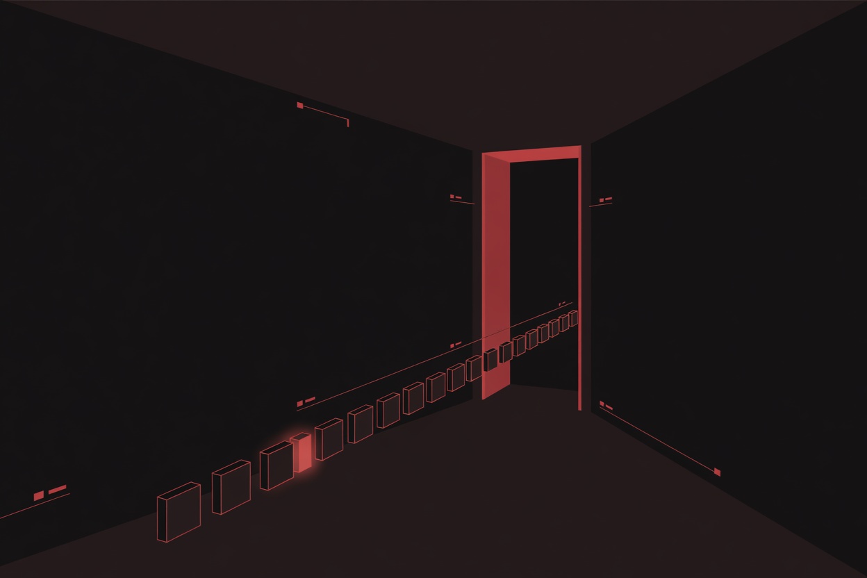 Abstract dark digital maze with a glowing red node at the center representing a software vulnerability being exploited
