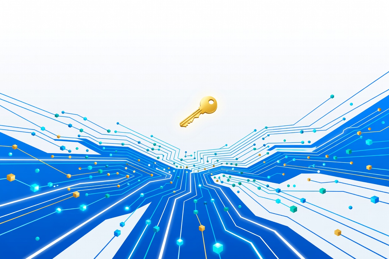 A single glowing key floating above a web of interconnected data streams and network nodes