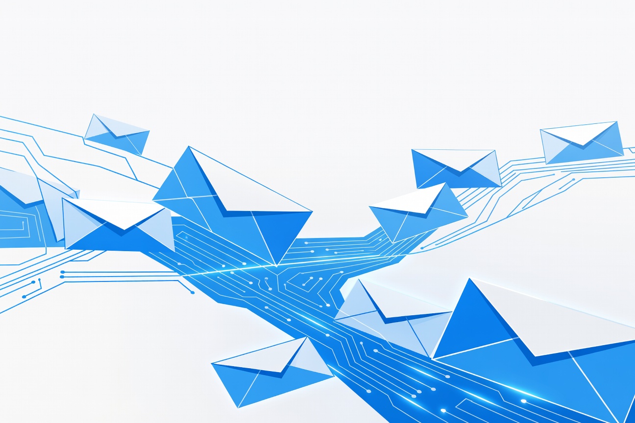 Abstract geometric envelope shapes with glowing blue circuit traces, multiple envelopes flowing along a network of light paths, no people or screens