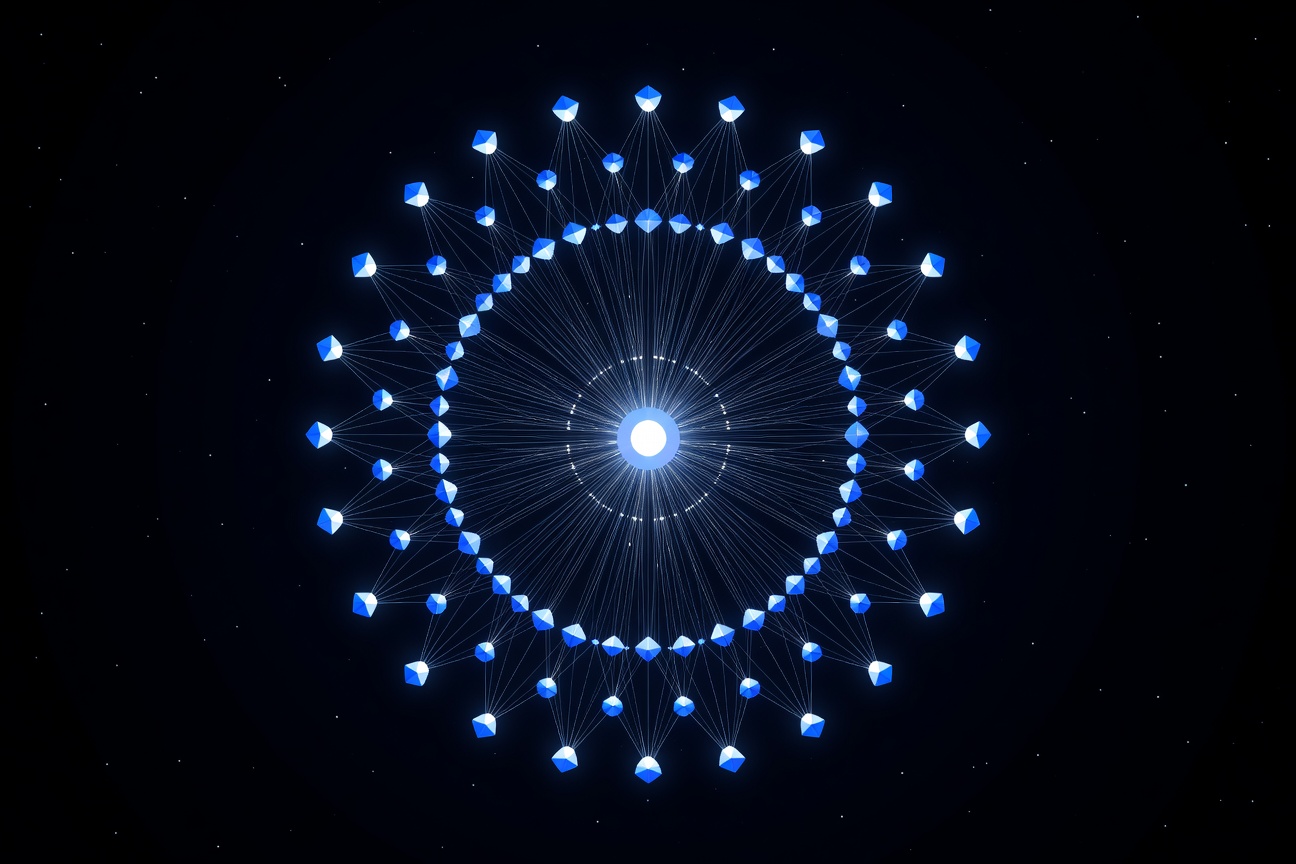 Single glowing orb at the center of a radial network diagram, connected to dozens of smaller nodes representing controlled agents