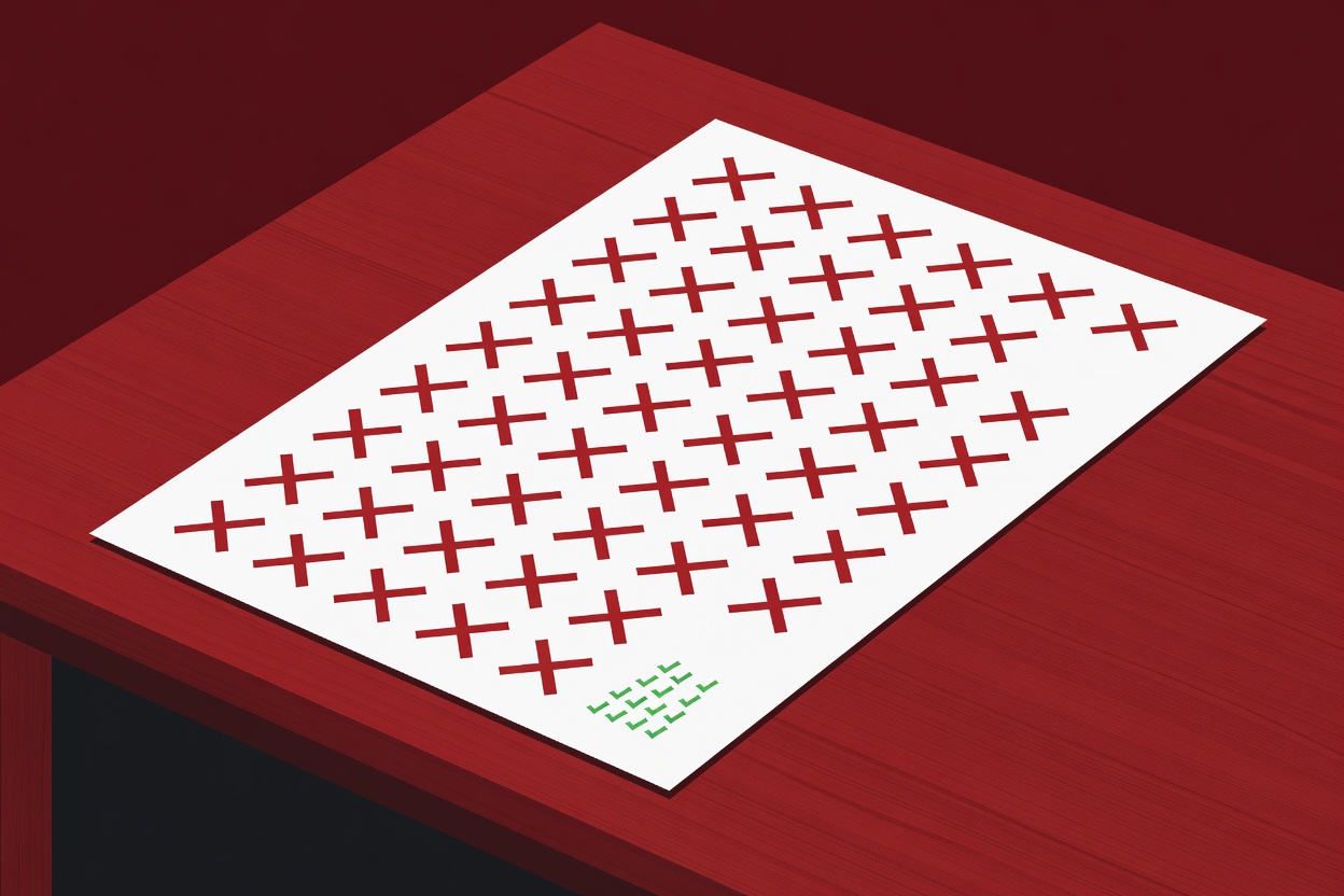 A graduation exam paper on a desk surrounded by floating abstract geometric puzzle pieces, mostly unsolved, with only a small corner completed