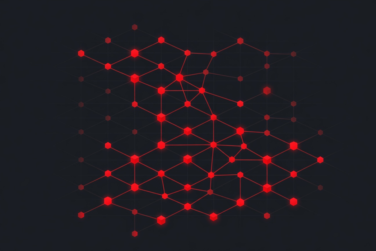 Abstract cascade of interconnected glowing red nodes destabilizing in sequence against a dark grid background