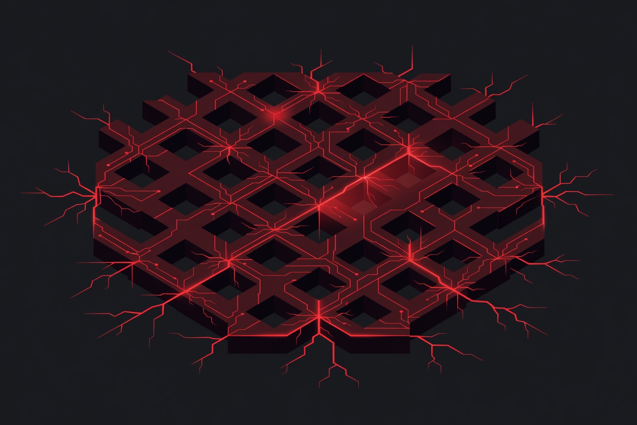 Abstract visualization of a fractal code maze with glowing cracks appearing across layers representing latent vulnerabilities