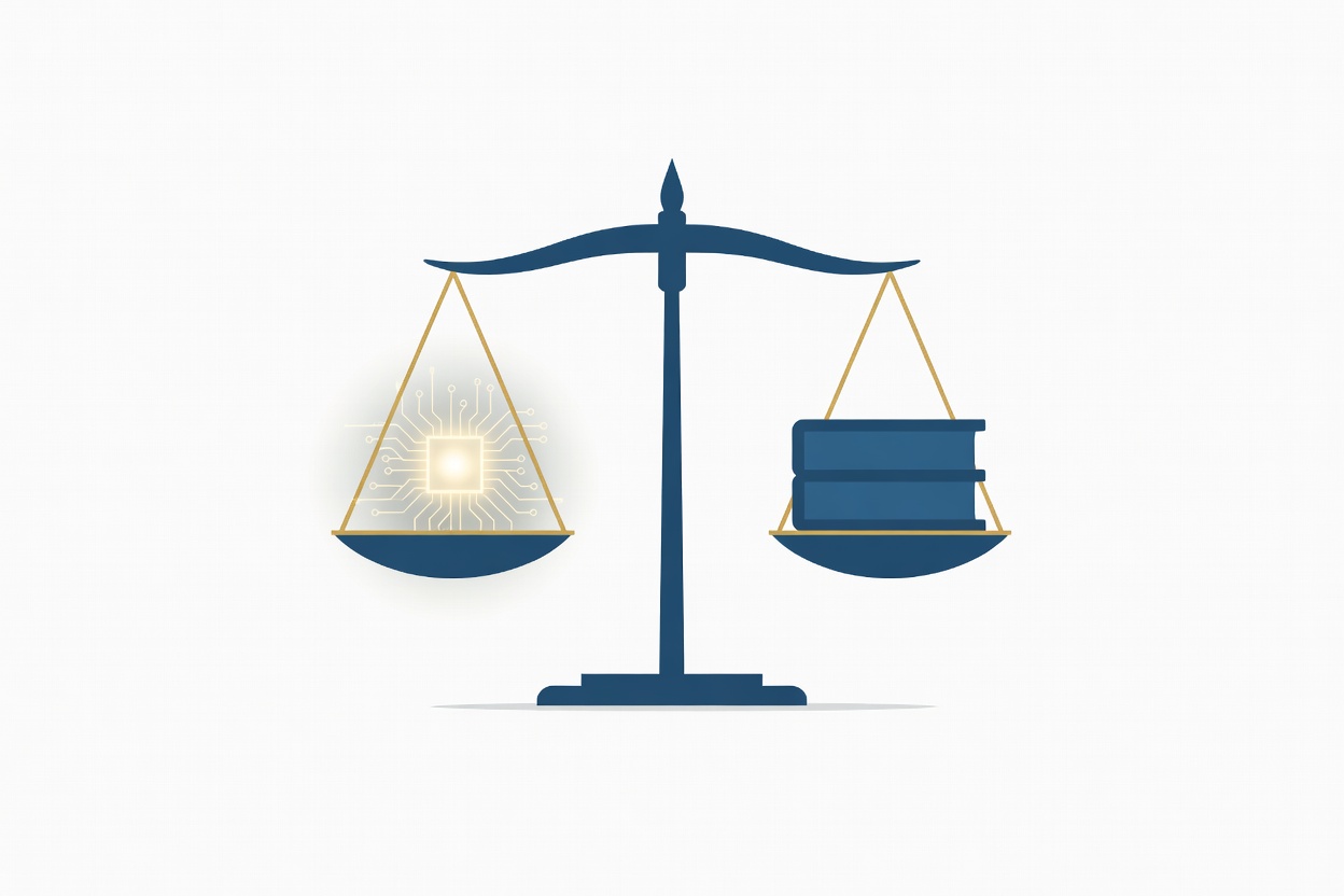Abstract legal scales balanced against circuit board patterns, representing the intersection of regulatory frameworks and artificial intelligence systems in a blue-gold government aesthetic