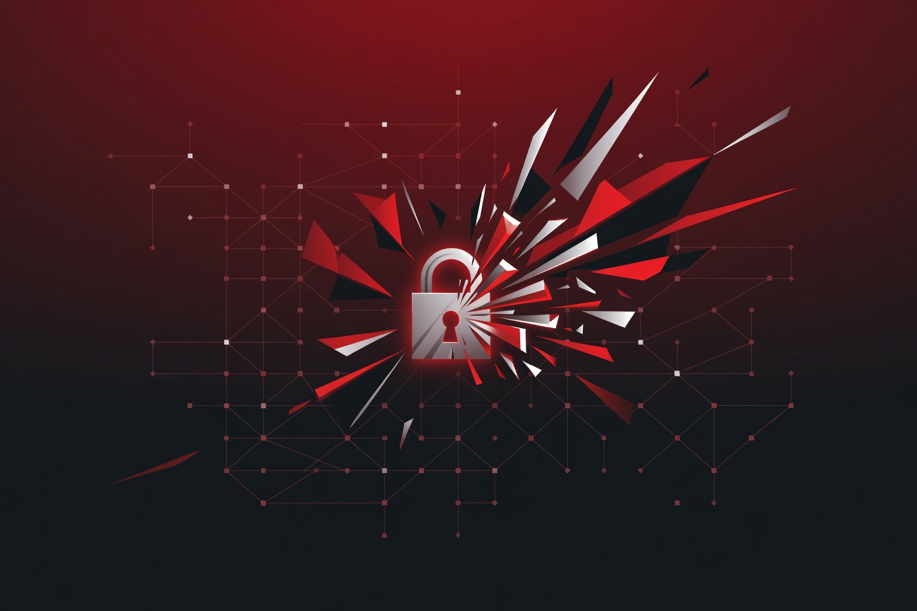 A padlock dissolving into fragments over a glowing grid of data nodes, deep red and dark background