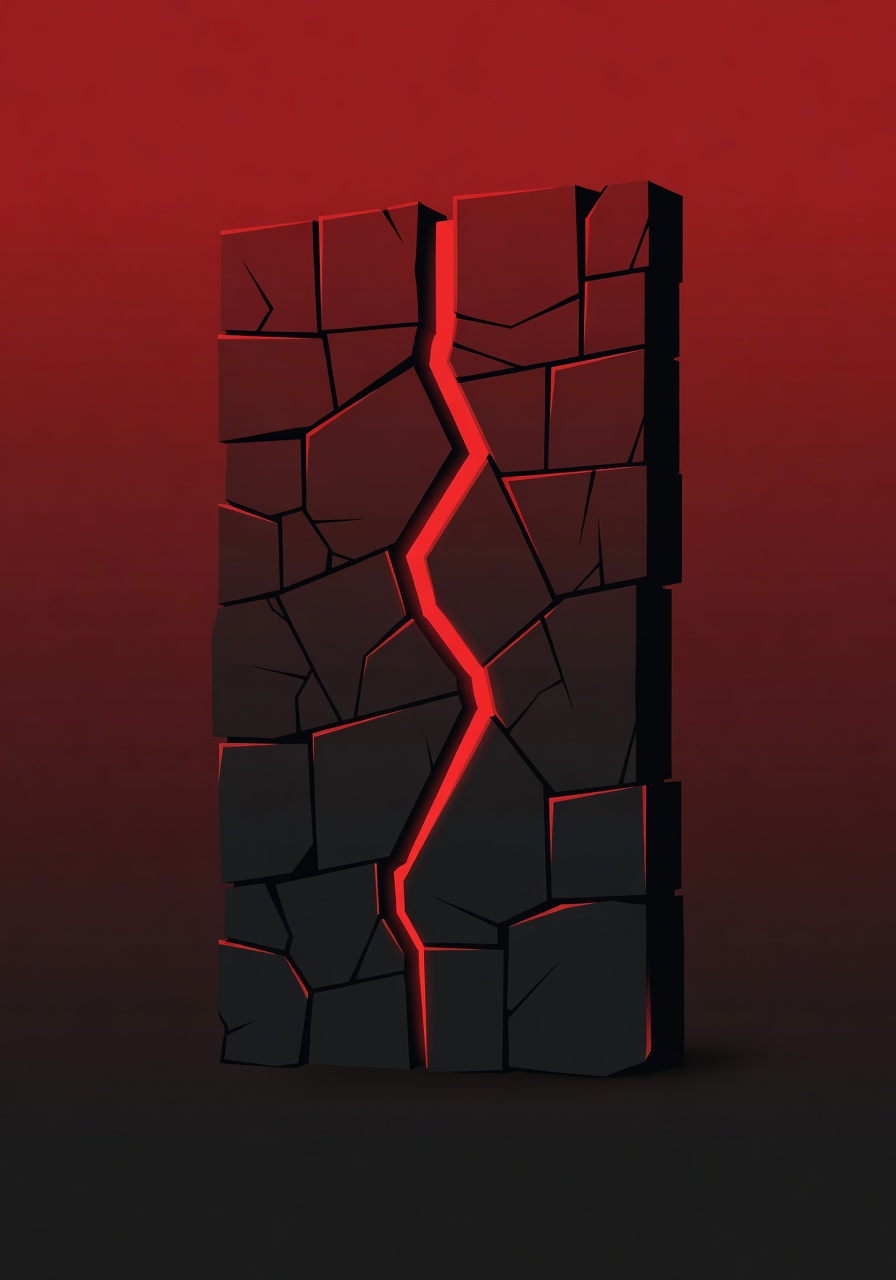 A cracked stone wall with a glowing fissure running through it, symbolizing a long-hidden vulnerability finally exposed