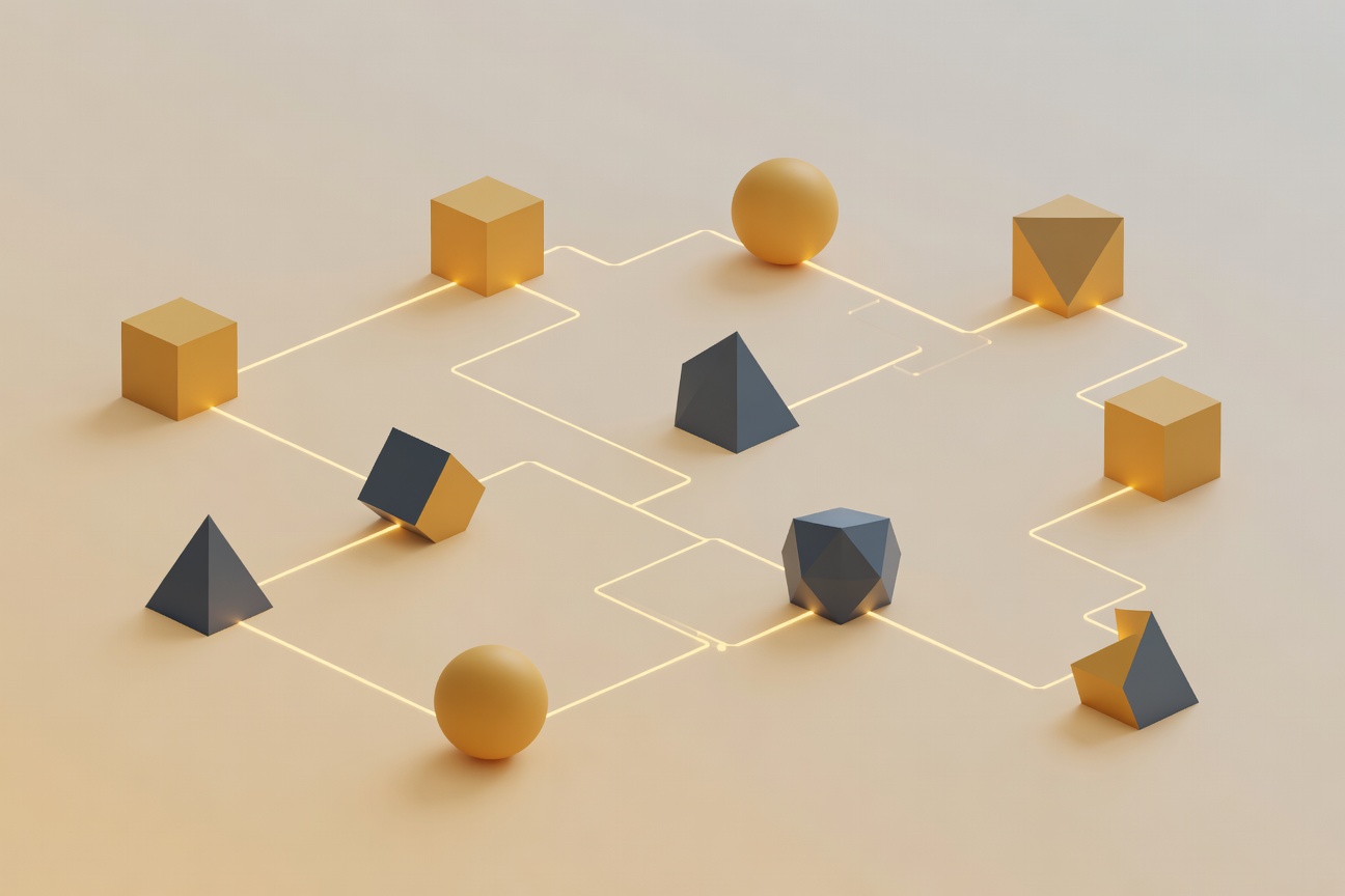 Eight geometric shapes connected by glowing pathways in an abstract tech landscape, flat vector