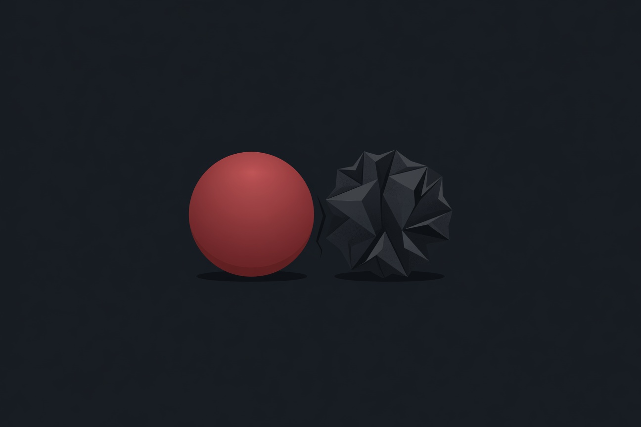 Two contrasting abstract shapes — a polished smooth sphere representing public calm and a jagged crystalline form representing hidden risk — side by side