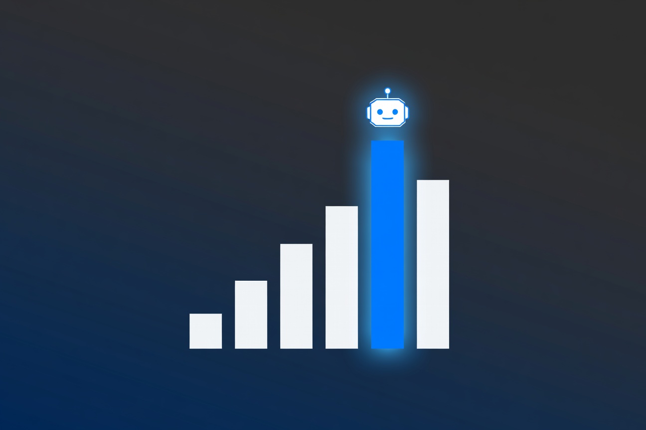 Abstract bar chart with one glowing bar labeled with a robot symbol outpacing the others, rising upward against a dark gradient background