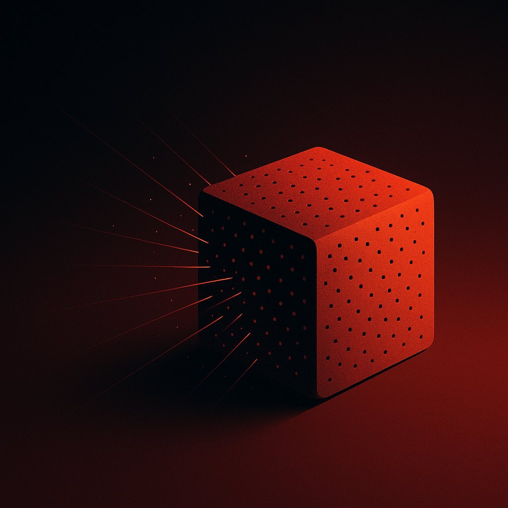 Abstract data streams escaping from a porous container — glowing particle trails representing unintended information leakage