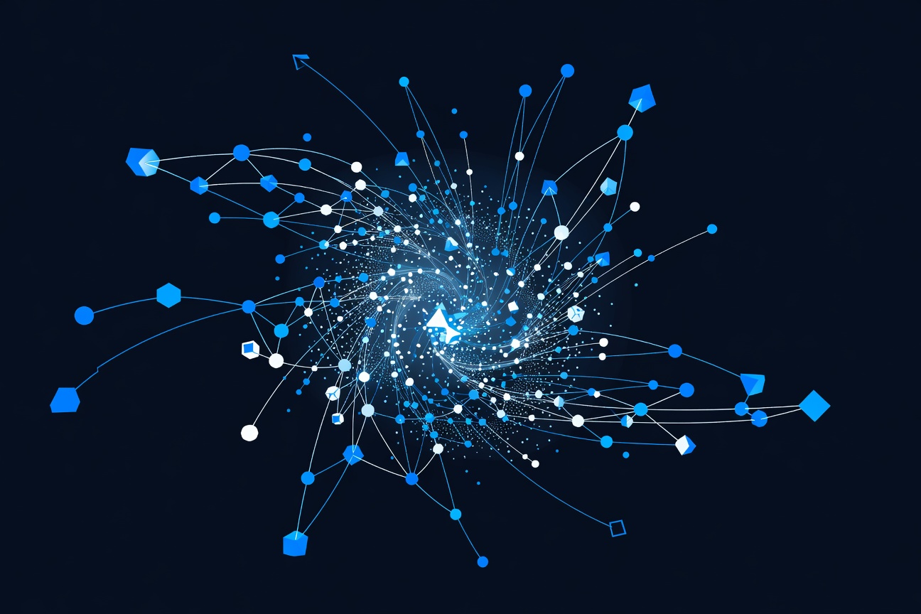 A swirling digital vortex of interconnected nodes and glowing threads representing autonomous AI agents in chaotic motion