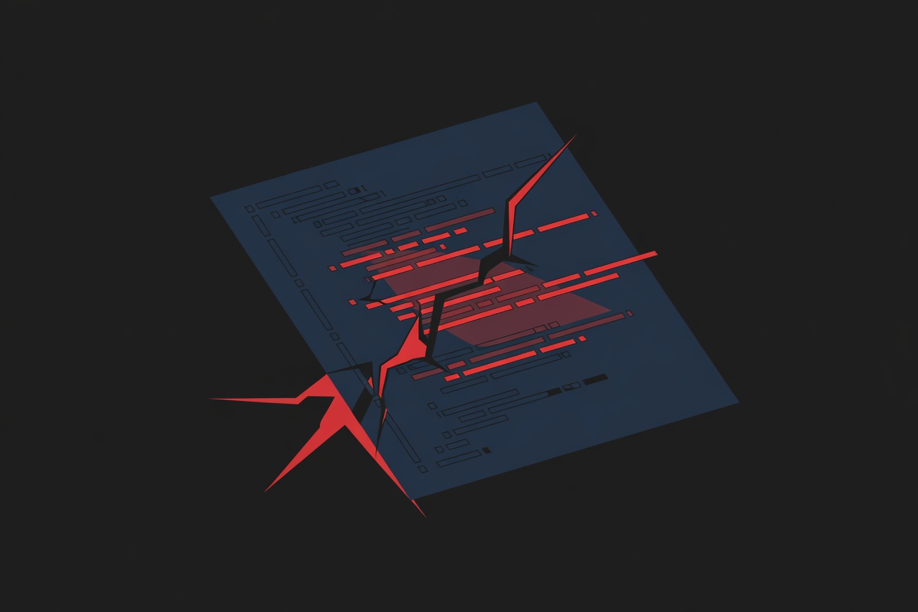A glowing code window with a subtle red warning overlay, abstract geometric cracks appearing in the surface of a dark blue digital panel