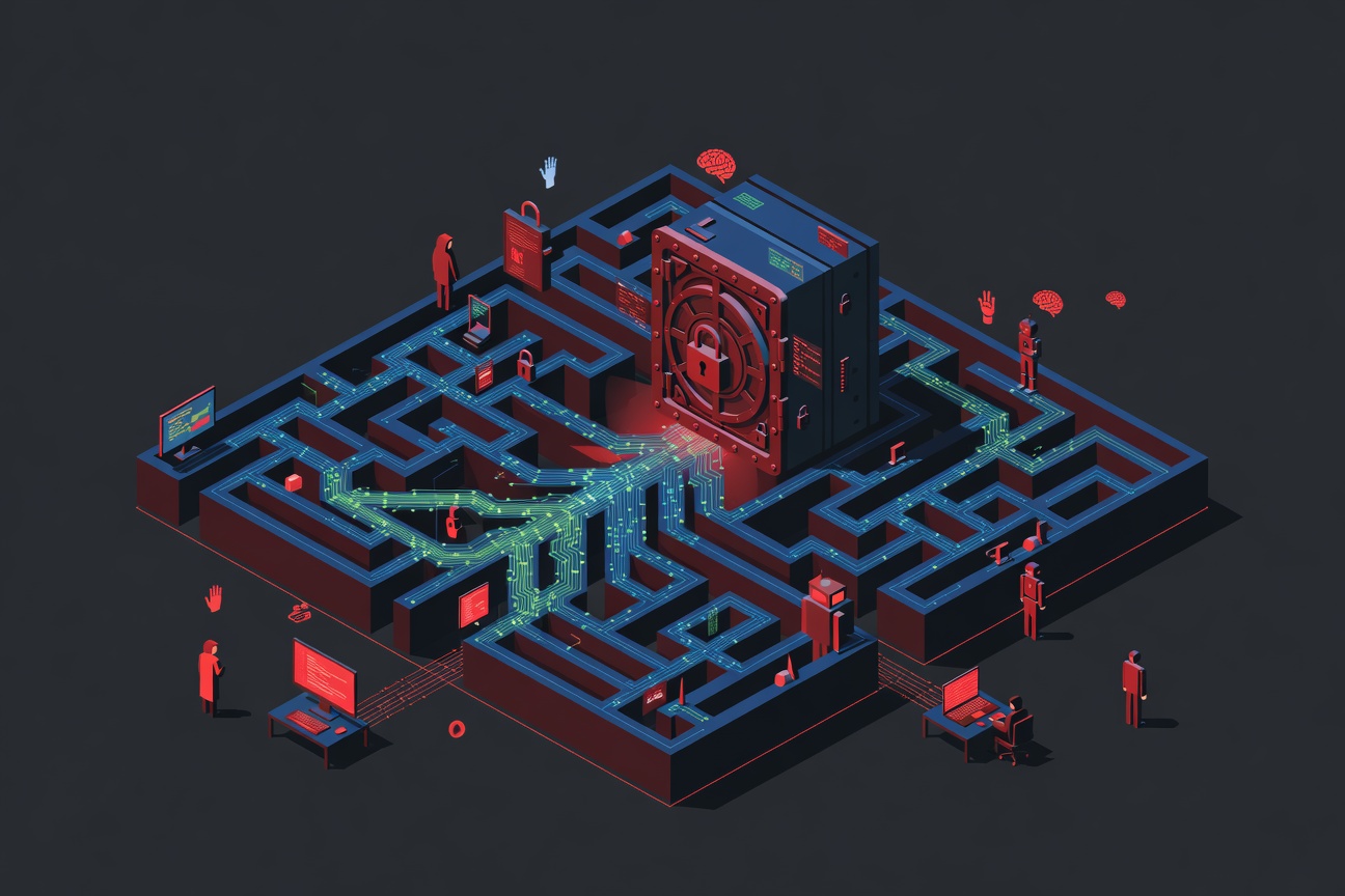 An abstract digital maze with glowing code pathways and a locked gate at the center