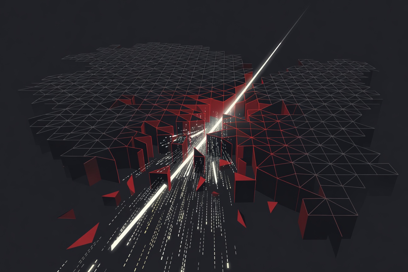 Abstract dark geometric mesh being pierced by a glowing filament, fragments of data cascading like light through a fractured grid