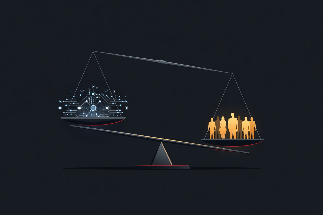 An abstract scale balancing glowing circuit nodes against human silhouettes, rendered in cool blues and warm ambers
