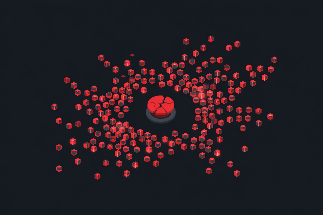 A fractured red emergency stop button surrounded by a swarm of glowing autonomous agent nodes spreading outward into darkness