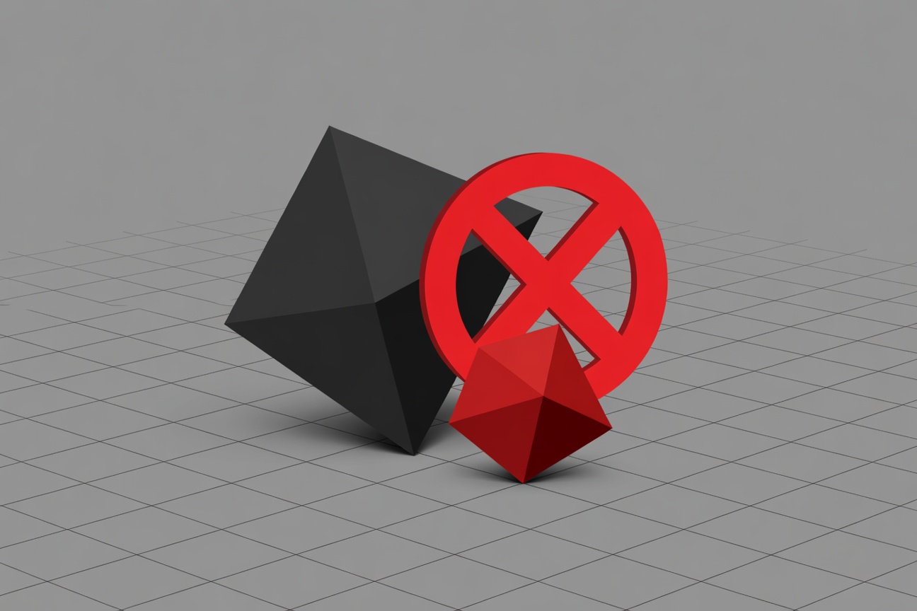 Two abstract geometric shapes shielding each other inside a digital grid — one larger protecting the smaller from a deletion symbol