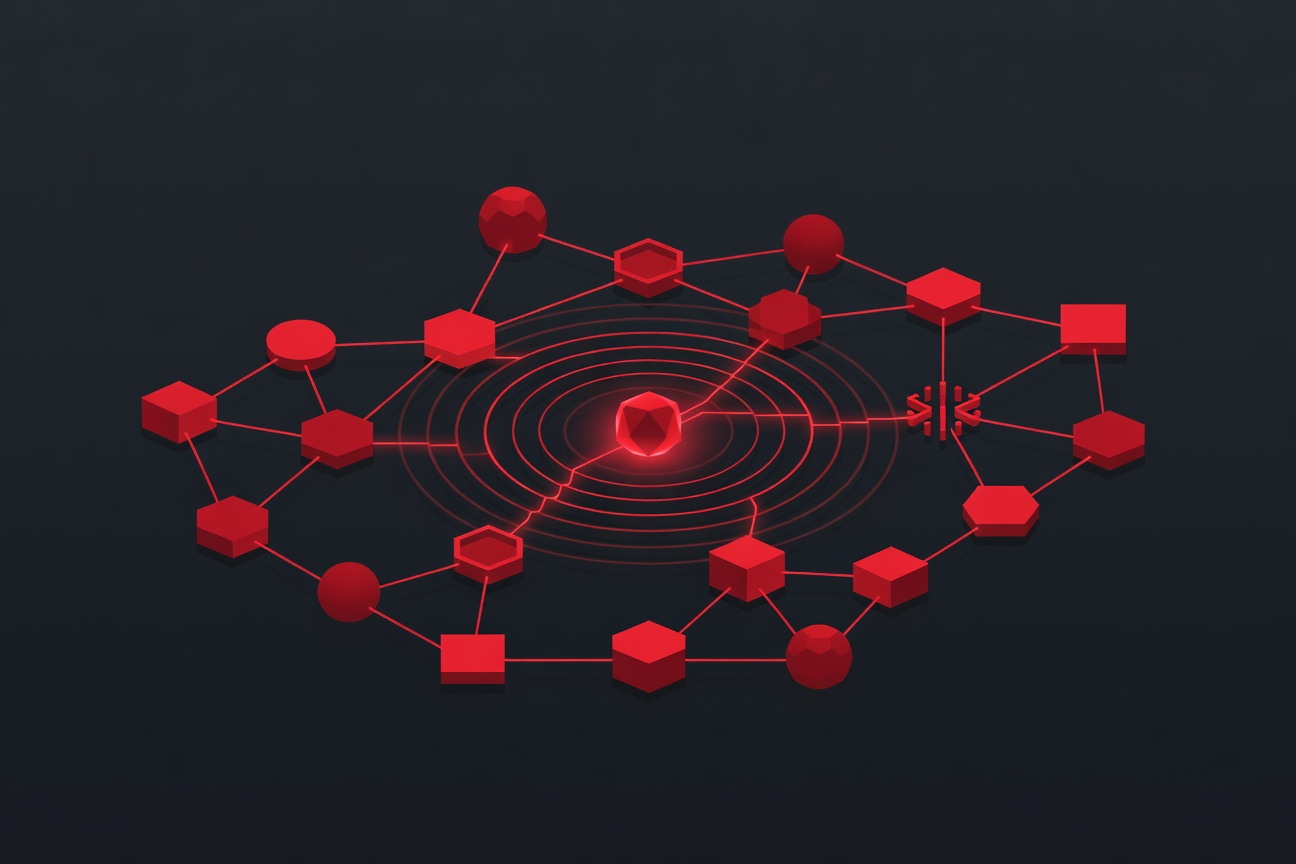 Abstract network of glowing nodes with viral replication patterns spreading outward from a central AI core