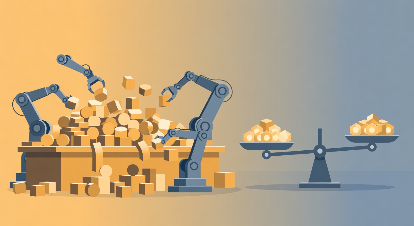 An overflowing buffet table being replaced by a precise scale weighing individual tokens