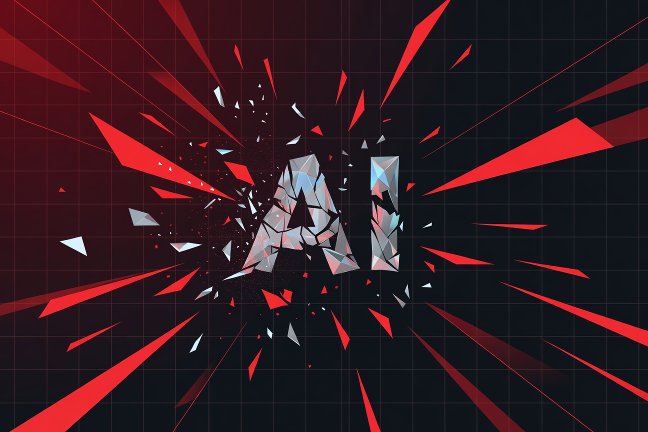 A shattered holographic mask of an AI logo dissolving into scattered data fragments against a dark digital grid